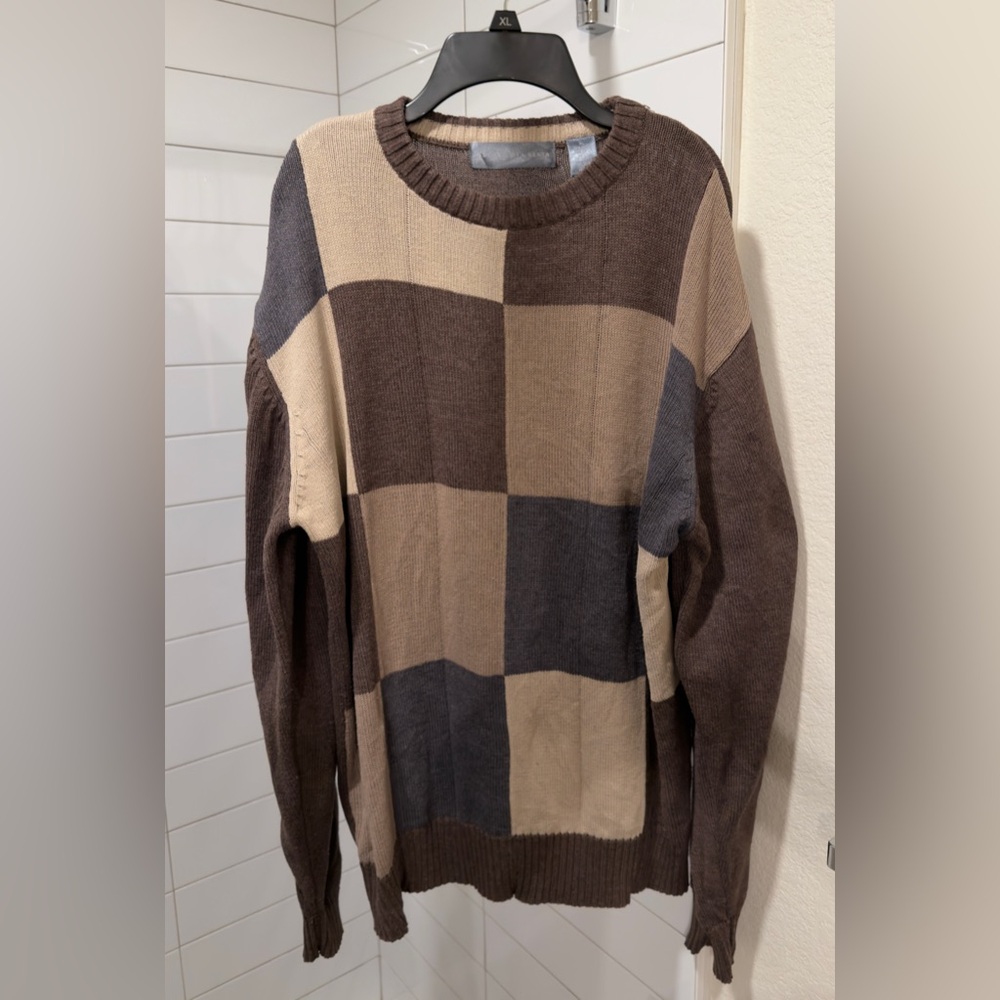 Oscar de la Renta • Brown Knit Plaid Sweater • Men’s Size XL